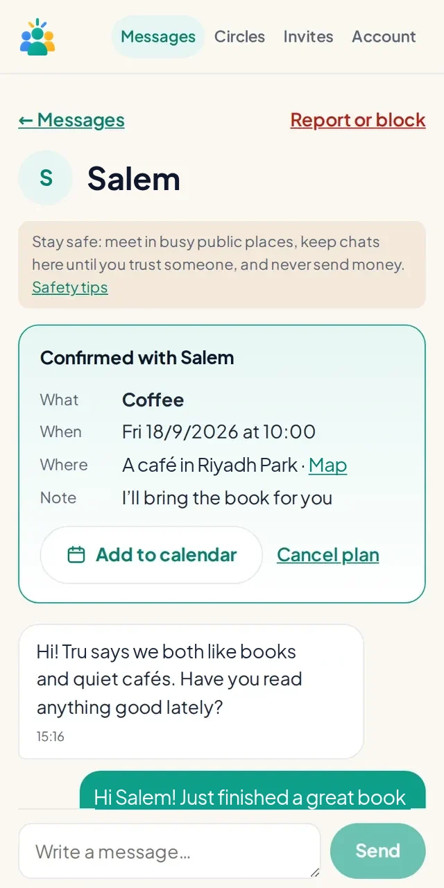 An example conversation with Salem showing a confirmed coffee plan at the top and messages below