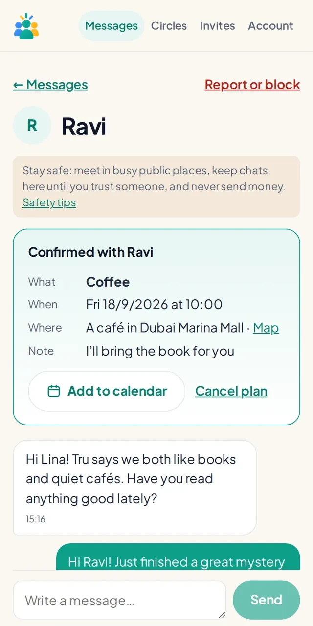 An example conversation with Ravi showing a confirmed coffee plan at the top and messages below