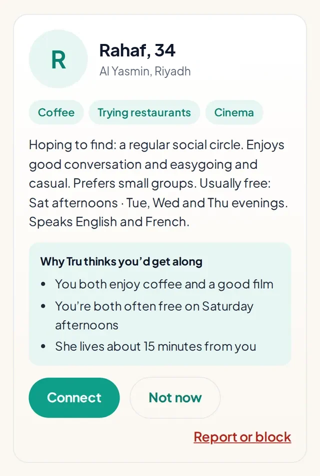 An example introduction card for Rahaf, 34, with her interests and three reasons you might get along, and Connect and Not now buttons
