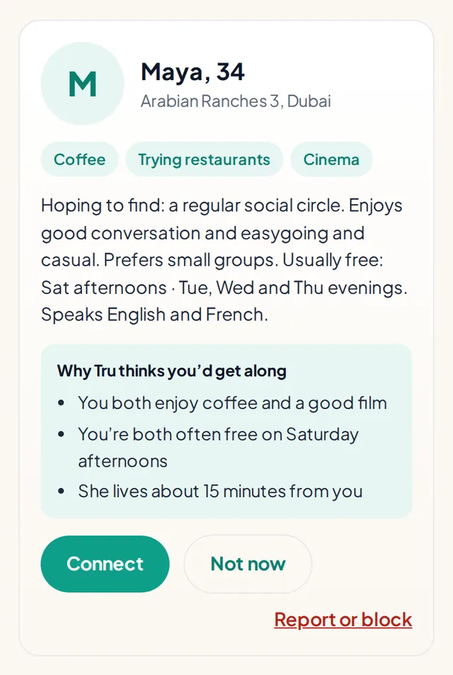 An example introduction card for Maya, 34, with her interests and three reasons you might get along, and Connect and Not now buttons
