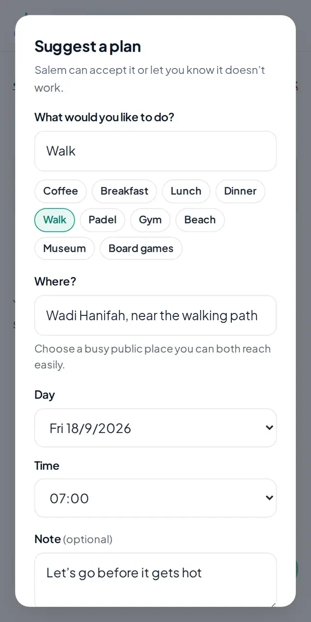 The Suggest a plan form with a walk at Kite Beach, a day, a time and a short note