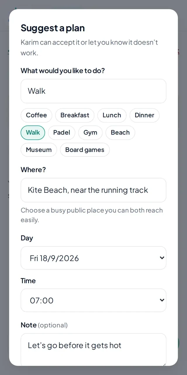 The Suggest a plan form with a walk at Kite Beach, a day, a time and a short note