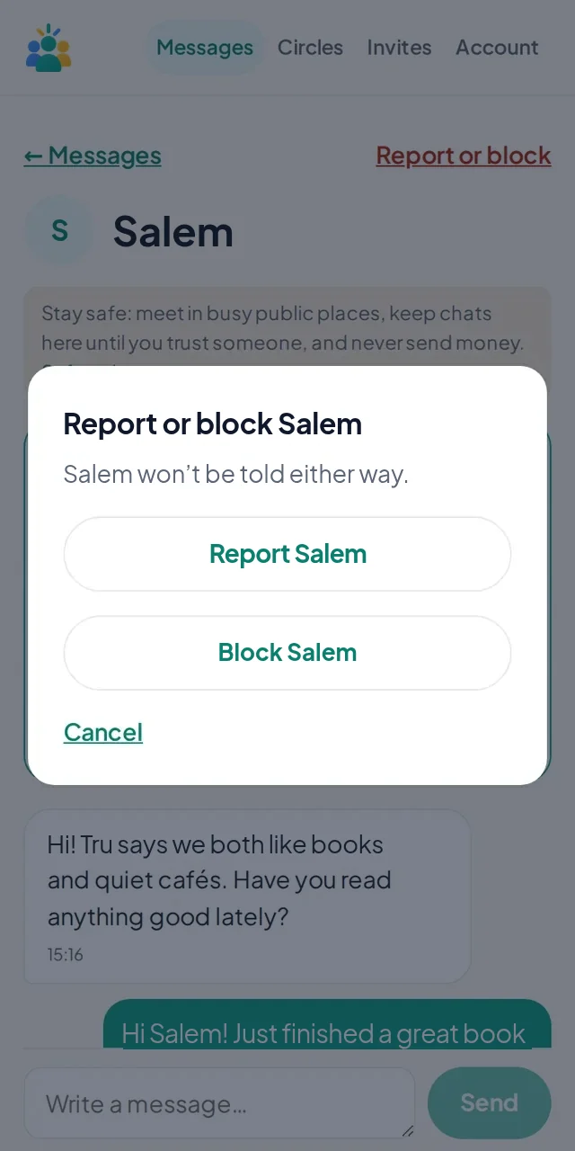 The Report or block dialog for Salem, with Report and Block buttons