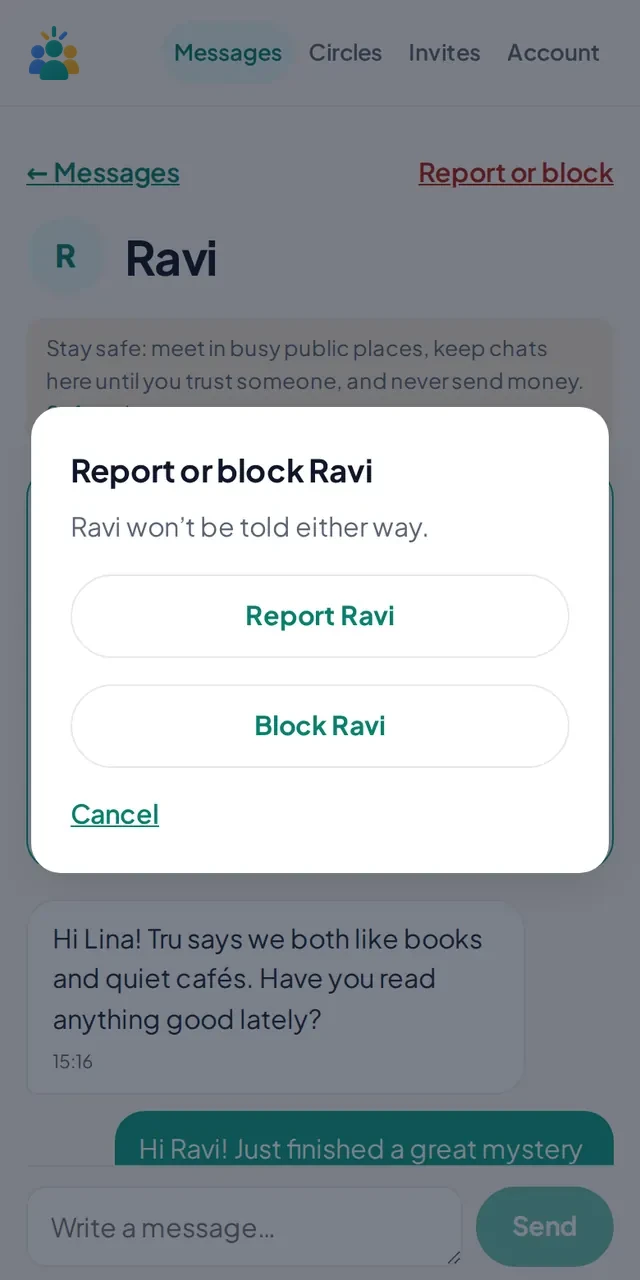 The Report or block dialog for Ravi, with Report and Block buttons