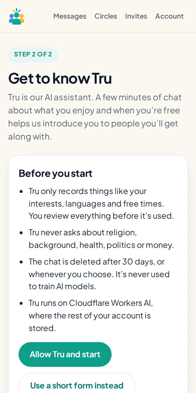 The Tru screen explaining what Tru records before the chat starts, with buttons to allow Tru or use a short form instead