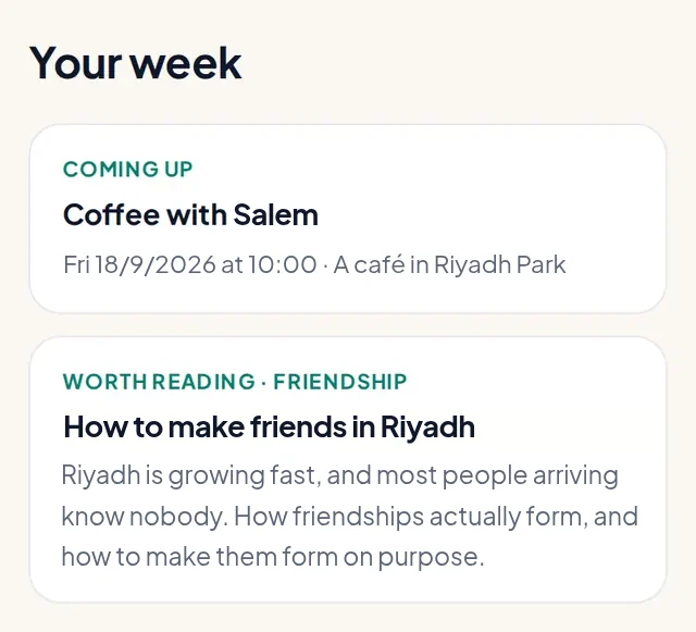 The Your week section with an upcoming coffee with Salem and an article worth reading