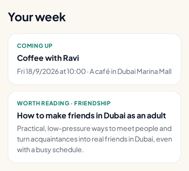 The Your week section with an upcoming coffee with Ravi and an article worth reading