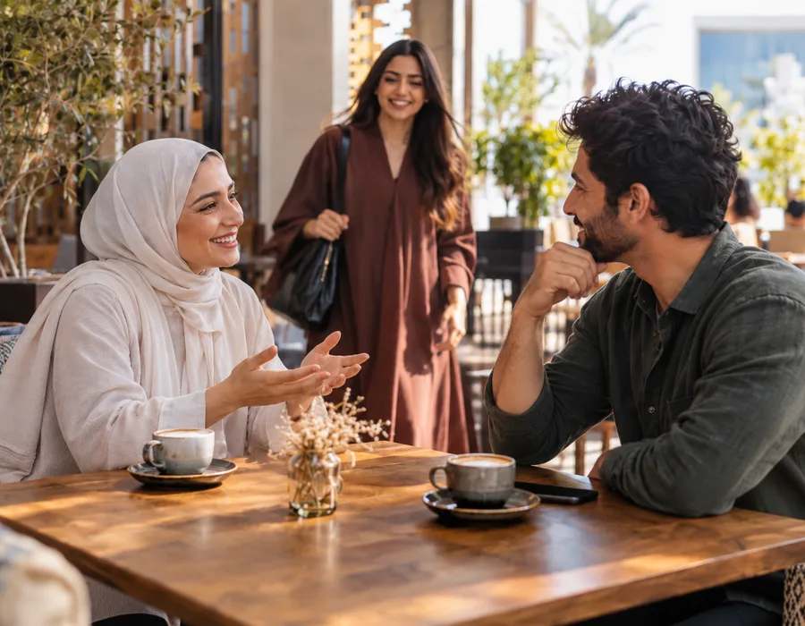 Friends greeting a friend who has just arrived at a café